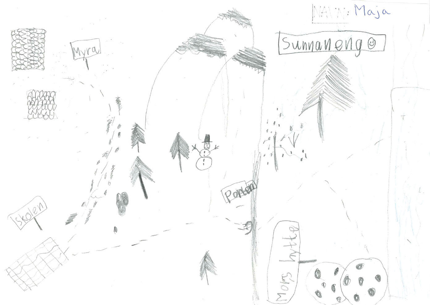 Majas kart. Et nøytralt oversiktskart som viser Sunnaneng til høyre og Myra til venstre. Det er brukt lite farge.